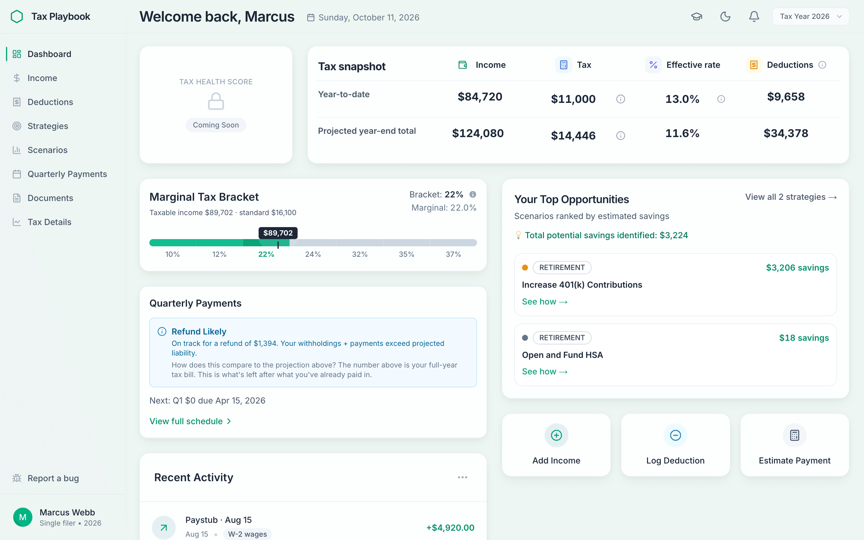 Tax Playbook dashboard showing a tax snapshot with year-to-date and projected income and tax, the marginal tax bracket, quarterly payment status, and top-ranked strategy opportunities